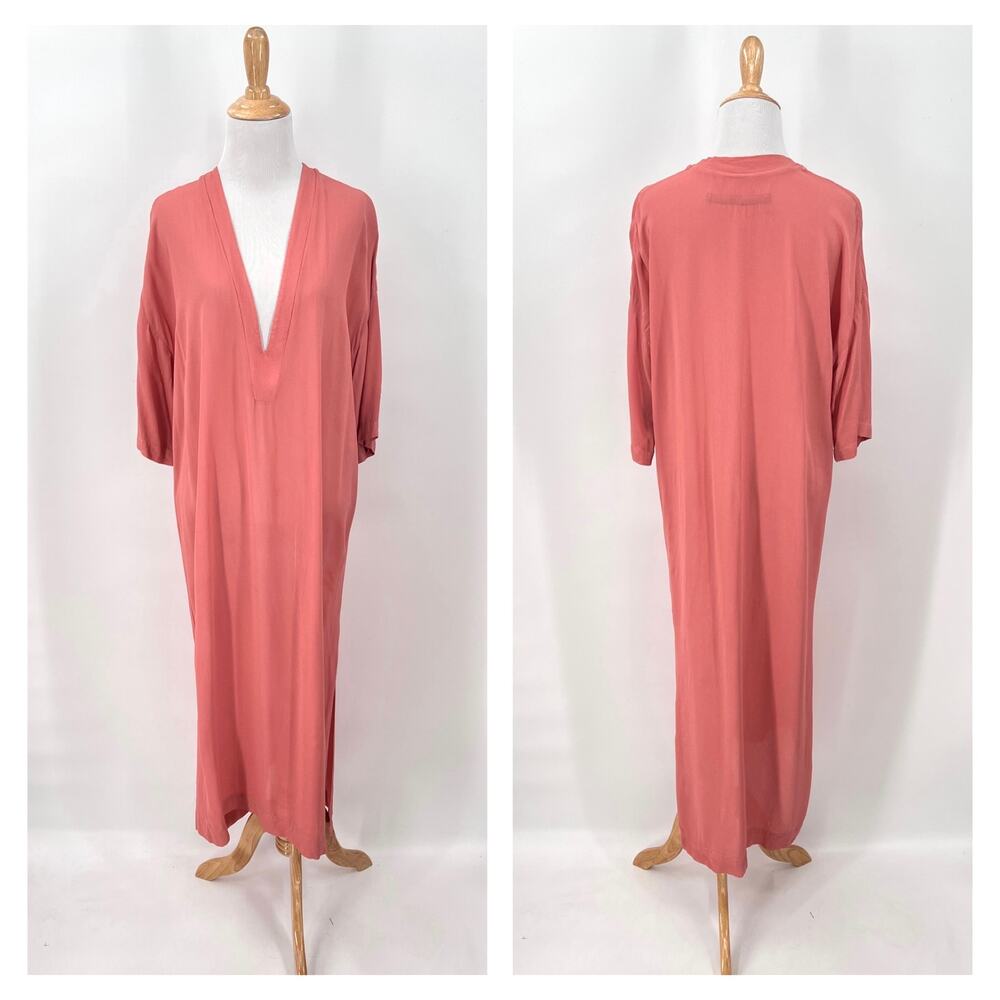 ENZA COSTA Viscose Kaftan Womens XS Small Coral Pink Relaxed Travel Deep V neck